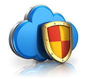 Cloud computing and storage security concept: blue glossy cloud icon covered by metal protection shield isolated on white background with reflection effect