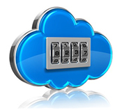 Cloud computing internet security concept: blue glossy cloud icon with combination lock isolated on white background with reflection effect