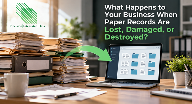 Precision Integrated Data graphic showing paper records being converted to organized digital files on a laptop
